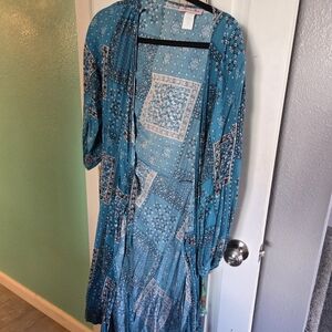 Teal Patchwork Print Women's Duster Dress